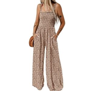 Womens loose overalls jumpsuit, tan w/blue, black, & white flowers, medium